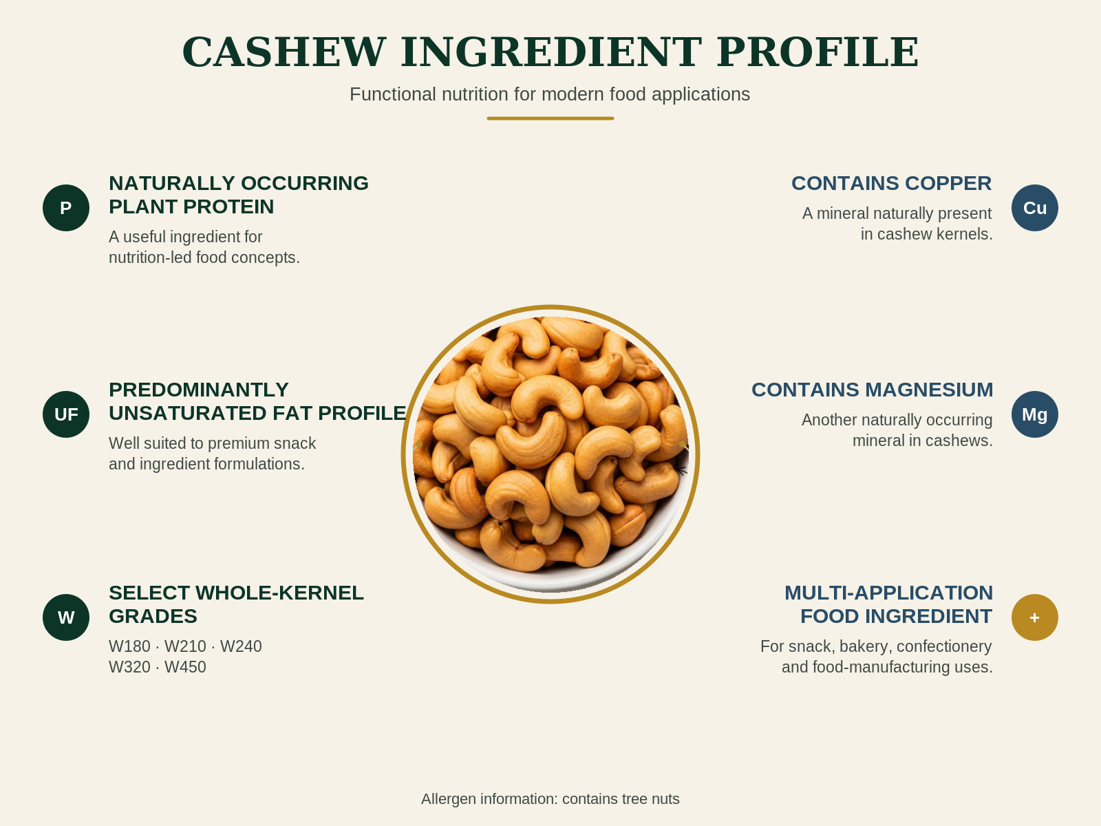 ICBC cashew ingredient profile showing nutrition characteristics, whole-kernel grades and food applications.